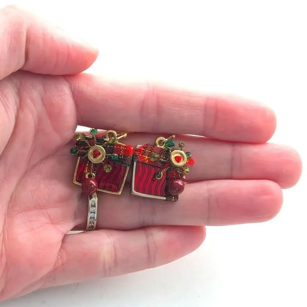 Vintage Gold Tone Red Enamel ChaCha Beaded Present Gift Hook Dangle Earrings